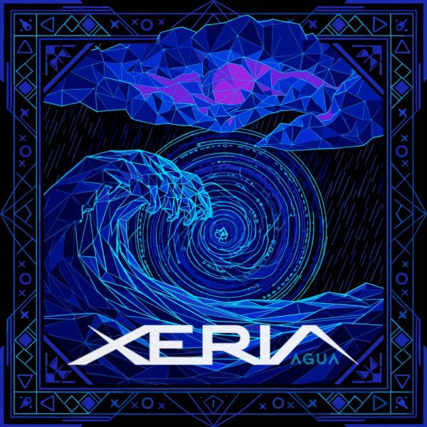 Portada del EP "Agua" de Xeria, con una ilustración geométrica de estilo low-poly en tonos azules y morados que muestra una nube tormentosa sobre un remolino de agua en espiral, con el logotipo de Xeria y el título "Agua" en la parte inferior