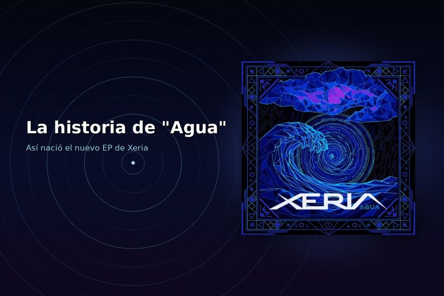 Portada del EP Agua de Xeria integrada sobre un fondo degradado azul y violeta con ondas concéntricas expandiéndose desde un punto de origen, junto al titular 'La historia de Agua: así nació el nuevo EP de Xeria'